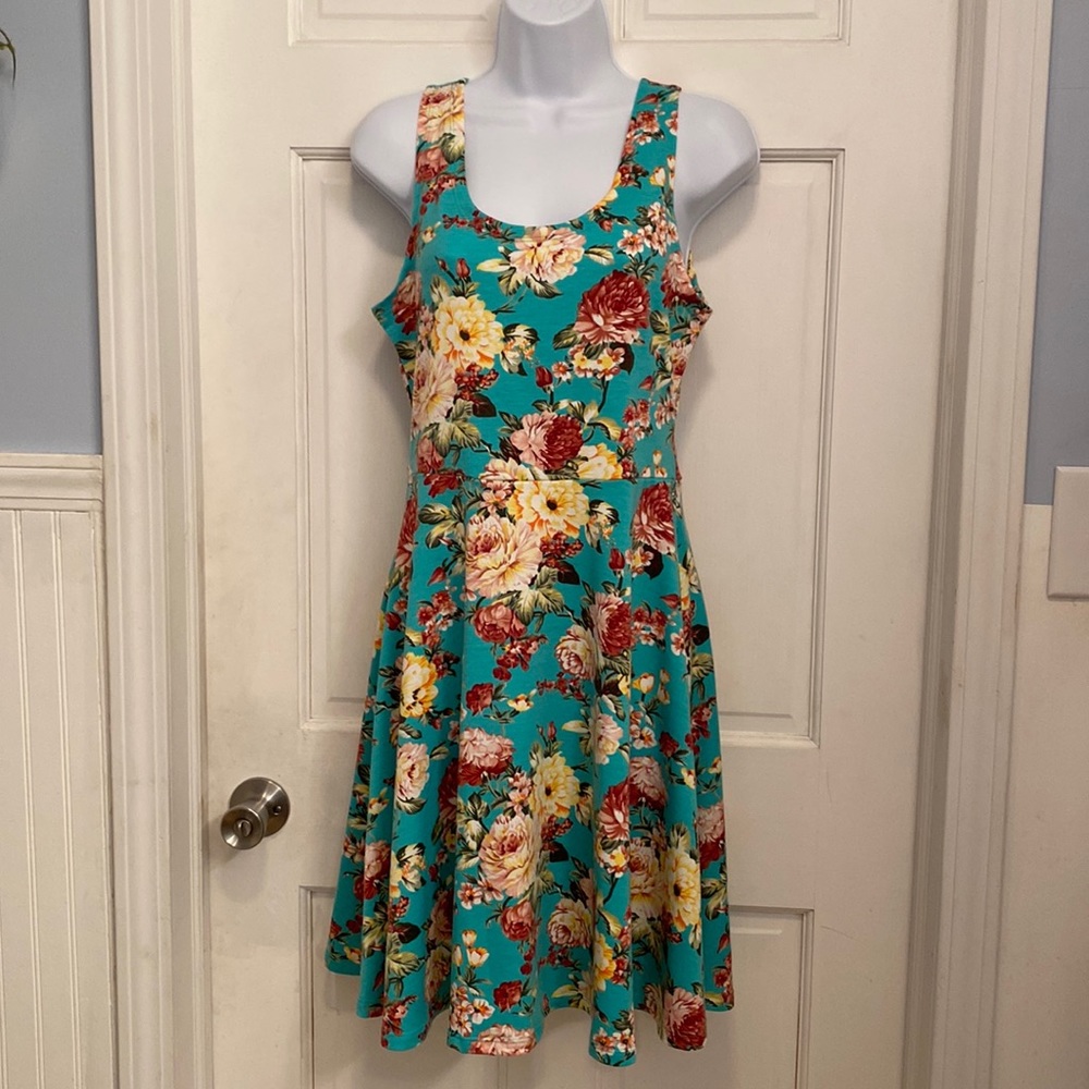 Tom's ware Teal Floral Tank Knit Dress Size Large NWT